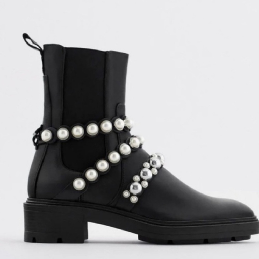 ZARA Pearl Strap Low Heeled Leather Ankle Boots